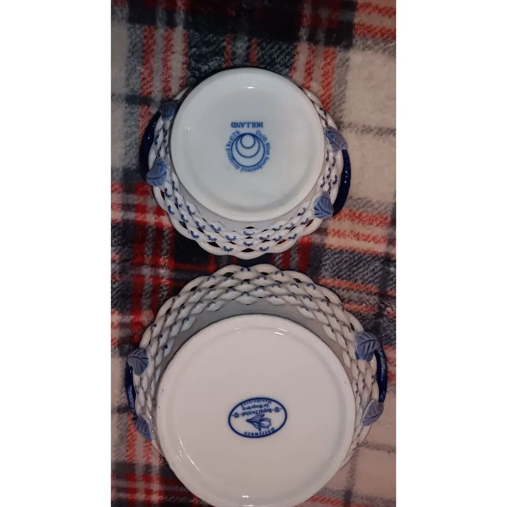 Lot Of 2 Delft Blue Pierced Lattice Trinket Dish, Holland, Windmill Handpainted